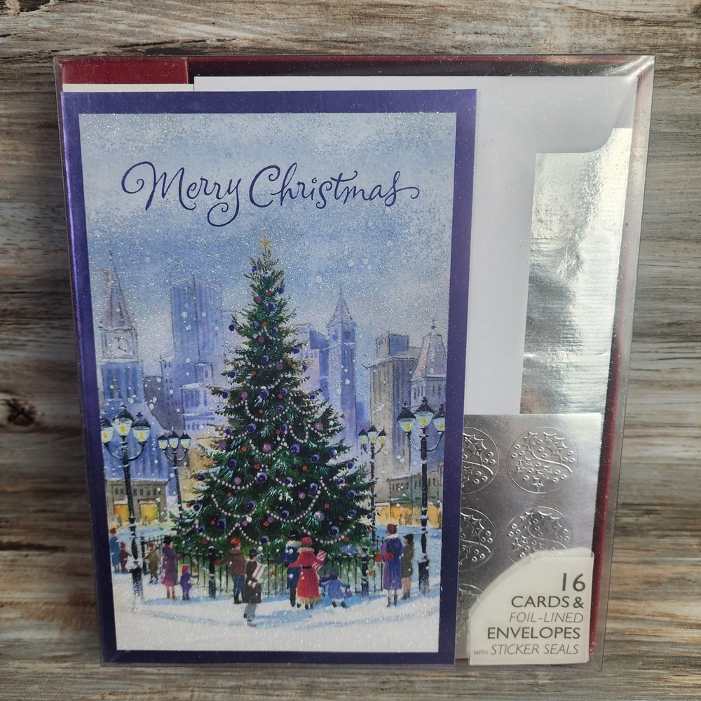 American Greetings Christmas Cards 16ct Boxed Set City Tree Foil Lined Envelopes